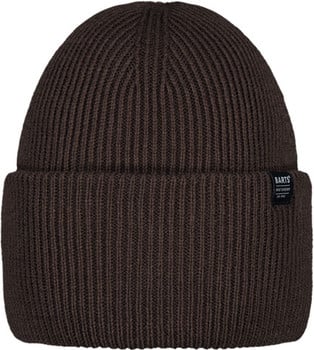 Eine braune Rippstrickmütze mit einem Markenlogo von Barts am Rand.