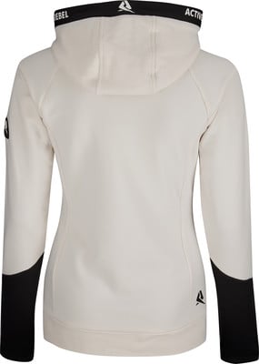 Rückansicht eines Damen-Hoodies in Beige mit schwarzen Details und Logo.