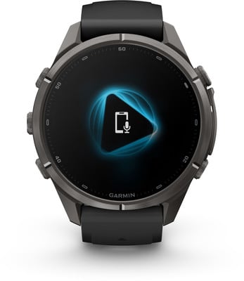 Garmin Smartwatch mit Display, das ein Telefon- und Mikrofonsymbol anzeigt. Garmin Smartwatch mit Display, das ein Telefon- und Mikrofonsymbol anzeigt.