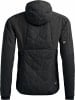 Schwarze Steppjacke mit Kapuze und dunklen Seitenteilen.