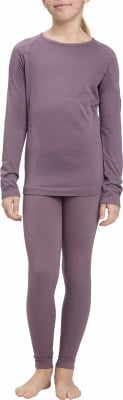 Mädchen in dunkelvioletter Thermo-Langarmkleidung und Leggings. Mädchen in dunkelvioletter Thermo-Langarmkleidung und Leggings.