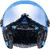 Ein blauer Skihelm mit integrierter Visierscheibe und schwarzem Futter.