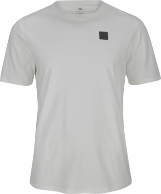 Weißes Herren-T-Shirt mit kurzen Ärmeln und schwarzem Logo auf der Brust. Weißes Herren-T-Shirt mit kurzen Ärmeln und schwarzem Logo auf der Brust.