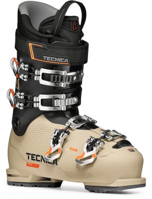 Technica Skischuh in Beige mit schwarzem Oberteil und orangen Akzenten.