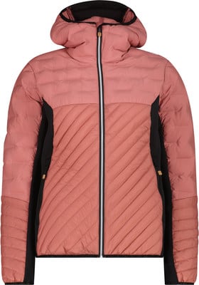 Rosa Daunenjacke mit schwarzen Seitenteilen und Kapuze.