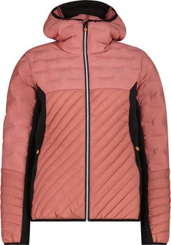 Rosa Daunenjacke mit schwarzen Seitenteilen und Kapuze.