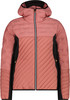 Rosa Daunenjacke mit schwarzen Seitenteilen und Kapuze.