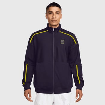 Herren dunkelblaue Nike Jacke mit gelben Streifen und Logo.