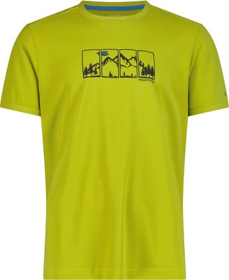 Grünes T-Shirt mit Bergmotiv und blauer Sonne im Rahmen. Grünes T-Shirt mit Bergmotiv und blauer Sonne im Rahmen.