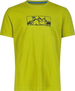 Grünes T-Shirt mit Bergmotiv und blauer Sonne im Rahmen.