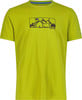 Grünes T-Shirt mit Bergmotiv und blauer Sonne im Rahmen.