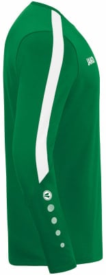 Grünes Langarmshirt mit weißem Streifen auf der Schulter und Logo. Grünes Langarmshirt mit weißem Streifen auf der Schulter und Logo.