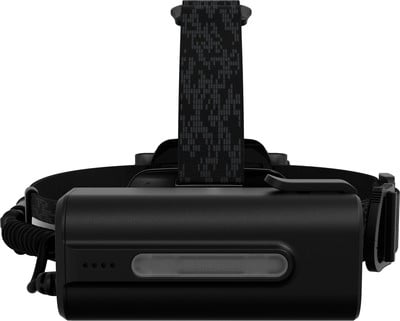 Schwarze Stirnlampe mit Stoffband und Batterieanzeige. Schwarze Stirnlampe mit Stoffband und Batterieanzeige.