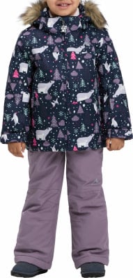 Mädchen-Winterjacke und Hose mit Motiven von Polar-Tieren und Bäumen.
