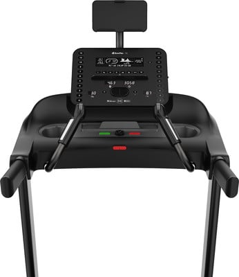 Ein schwarzes Bowflex-Laufband mit digitalem Display und Tablet-Halterung. Ein schwarzes Bowflex-Laufband mit digitalem Display und Tablet-Halterung.
