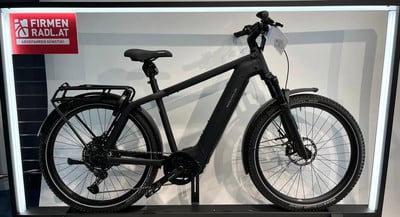 Schwarzes E-Bike von Riese & Müller mit Gepäckträger und Schutzblechen.