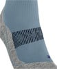 Blaue Socke mit grauem Absatz und dunklem Muster.