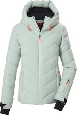 Grüne Daunenjacke mit Kapuze und rosa Details.