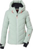 Grüne Daunenjacke mit Kapuze und rosa Details.