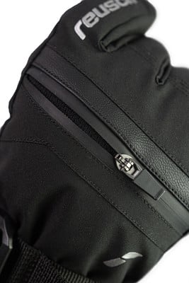 Schwarze Handschuhe mit Reusch-Aufschrift und Reißverschluss. Schwarze Handschuhe mit Reusch-Aufschrift und Reißverschluss.