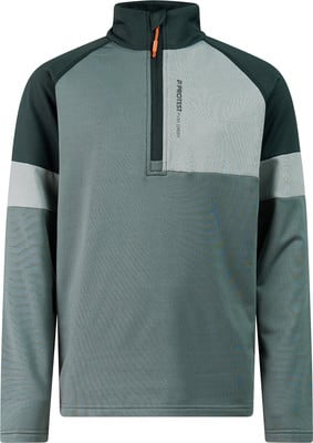 Grüner Herrenpullover mit kurzem Reißverschluss und Farbblöcken.