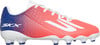 Fußballschuh in Pink und Blau mit weißen Schnürsenkeln.
