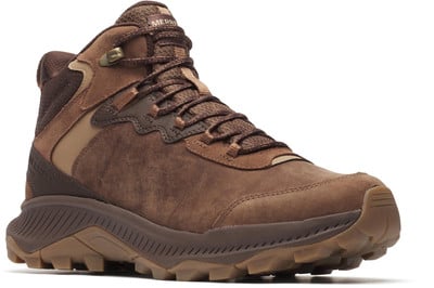 Hnědá kotníková treková obuv Merrell s robustní podrážkou a šněrováním. Hnědá kotníková treková obuv Merrell s robustní podrážkou a šněrováním.