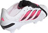 Weiße Adidas Predator Fußballschuhe mit pinken Streifen und schwarzem Fersenbereich.