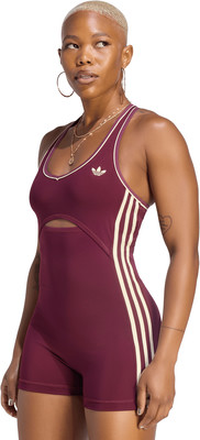 Damen-Bodysuit von Adidas in Weinrot mit weißen Streifen und Ausschnitt Damen-Bodysuit von Adidas in Weinrot mit weißen Streifen und Ausschnitt