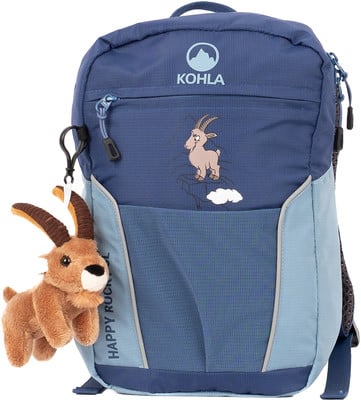 Blauer Rucksack mit Plüschziege und Cartoon-Ziege auf der Vorderseite.