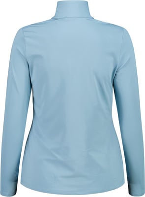 Rückansicht eines hellblauen Langarm-Tops mit Stehkragen. Rückansicht eines hellblauen Langarm-Tops mit Stehkragen.