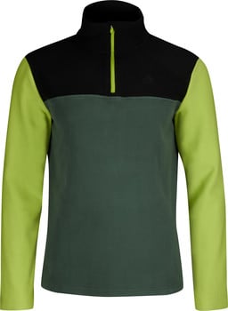 Schwarzes Fleece-Oberteil mit grünen Ärmeln und neongelbem Reißverschluss.