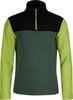 Schwarzes Fleece-Oberteil mit grünen Ärmeln und neongelbem Reißverschluss.