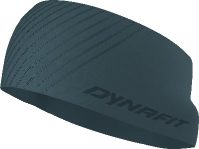 Dunkelblaues Dynafit Stirnband mit Streifenmuster und Logo. Dunkelblaues Dynafit Stirnband mit Streifenmuster und Logo.