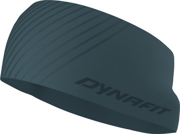 Dunkelblaues Dynafit Stirnband mit Streifenmuster und Logo.