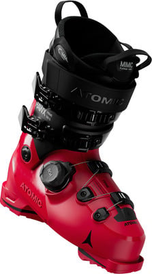 Ein roter Atomic Hawx Prime Skischuh mit schwarzen Schnallen und BOA-System. Ein roter Atomic Hawx Prime Skischuh mit schwarzen Schnallen und BOA-System.