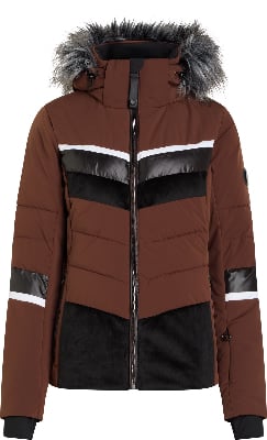 Braune Steppjacke mit schwarzen und weißen Streifen und Fellbesatz.