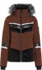 Braune Steppjacke mit schwarzen und weißen Streifen und Fellbesatz.
