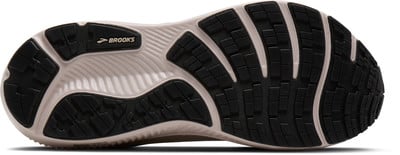 Laufschuhsohle von Brooks mit schwarzem Anti-Rutsch-Profil und Logo. Laufschuhsohle von Brooks mit schwarzem Anti-Rutsch-Profil und Logo.