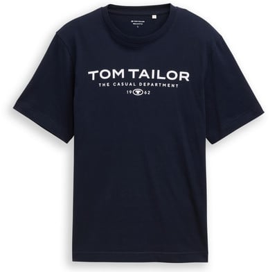 Sötétkék, rövid ujjú póló TOM TAILOR logóval.