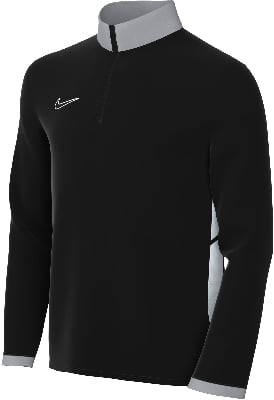 Schwarzer Pullover mit grauem Kragen und weißem Nike-Logo.