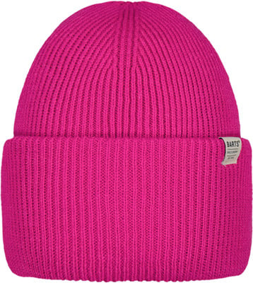 Eine pinke Strickmütze mit Rippenbund und einem Barts-Logo. Eine pinke Strickmütze mit Rippenbund und einem Barts-Logo.