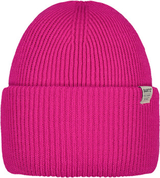 Eine pinke Strickmütze mit Rippenbund und einem Barts-Logo.