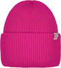 Eine pinke Strickmütze mit Rippenbund und einem Barts-Logo.