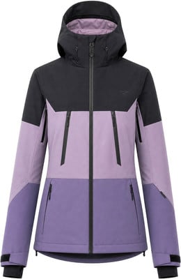 Damen-Skijacke mit Kapuze in Schwarz und Lila mit Reißverschlüssen. Damen-Skijacke mit Kapuze in Schwarz und Lila mit Reißverschlüssen.