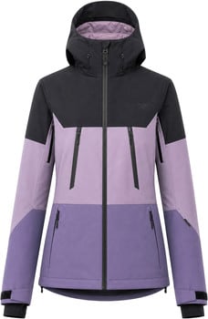 Damen-Skijacke mit Kapuze in Schwarz und Lila mit Reißverschlüssen.