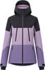 Damen-Skijacke mit Kapuze in Schwarz und Lila mit Reißverschlüssen.