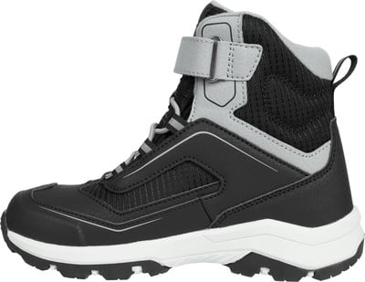 Schwarzer Winterstiefel mit grauen Akzenten und Klettverschluss.