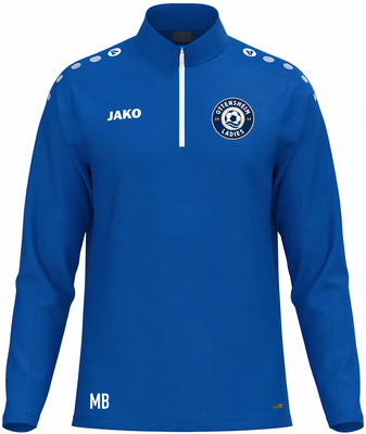 Blauer Pullover mit weißem Logo und JAKO-Schriftzug auf der Brust.