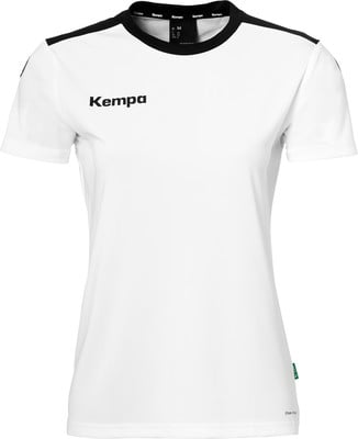 Weißes Kempa-T-Shirt mit schwarzem Kragen und Markenlogo auf der Brust. Weißes Kempa-T-Shirt mit schwarzem Kragen und Markenlogo auf der Brust.